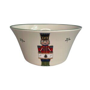 Christmas Ceramic Bowl With Tree & Nutcracker Design Green Trim Holiday Decor